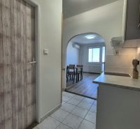 Studio apartment with a kitchen and wood-patterned flooring, leading to the dining room.