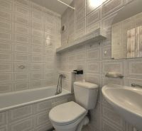 A bathroom in a studio apartment with a bathtub, sink, and toilet in muted colors.