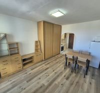 A studio apartment with a wooden floor, furniture, dining table, and kitchenette.