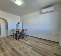 Studio apartment with wood-patterned flooring, dining table, air conditioning, simple furnishings.