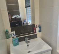 Bathroom in a 3-room apartment with a stylish sink and shelves for accessories.