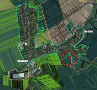 Map of agricultural and forest lands around Podhájska with color-coded areas.