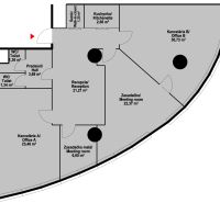 Floor plan of offices with reception, meeting rooms, and kitchenette on Čulenova Street.
