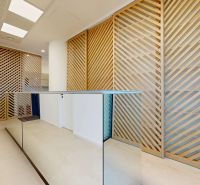 Offices with wood paneling and glass railings.