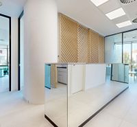 Interior with white walls, glass doors, and wood-patterned flooring in offices.