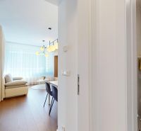Interior of a 2-room apartment with a wooden decor floor and modern seating.