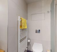 Bathroom in a 2-room apartment with a bathtub, shower, and wall-hung toilet in light shades.