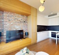 Living room in a two-room apartment with a brick wall, furniture, and flooring with a wooden decor.