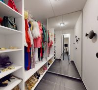 A wardrobe in a 2-room apartment with shelves full of handbags and shoes.