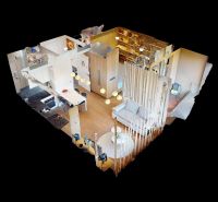 3D layout of a 2-room apartment with wood-patterned flooring and furniture.