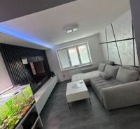 Living room of a two-room apartment with a wooden decor floor, a sofa, and an aquarium.