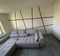 Interior of a 2-room apartment with a comfortable sofa and a floor with a wooden decor.