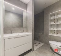 Bathroom in a 3-room apartment with a mirror and a shower corner, neutral color tones.