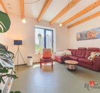 Living room in a 3-room apartment with a red sofa, plants, and wooden beams on the ceiling.