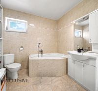 Bathroom with a corner bathtub, sink, and toilet in a family house.
