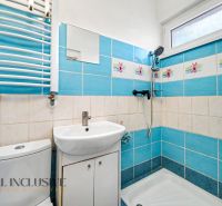 A bathroom in a family house with blue tiles and white fixtures.