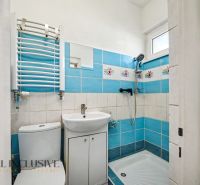 A bathroom in a family house with white sanitary ware and blue tiles.