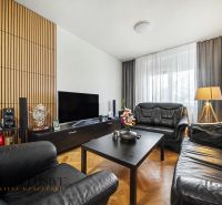 Living room of a family house with leather sofas and a wooden-patterned floor.