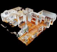 3D floor plan of a 4-room apartment with wood-patterned flooring and light-colored furniture.