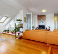 Living room in a 4-room apartment with a wooden decor floor and skylights.