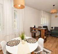 Interior of a 1-room apartment with a wooden decor floor, dining table, and sofa.