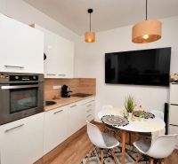 Compact kitchen in a studio apartment with wood-patterned flooring and a dining area.
