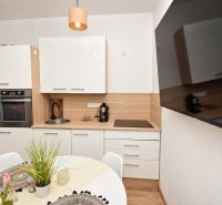 A kitchen unit in a studio apartment with white cabinets and a wood-patterned floor.