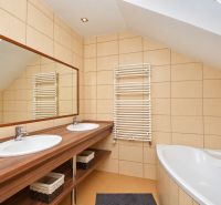 A bathroom with a double sink, mirror, and bathtub in the attic of a family house.