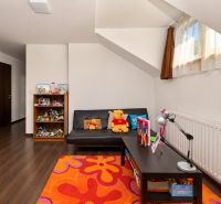 Children's room with wooden decor flooring, toys, and a sofa in a family house.