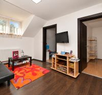 Living room with a colorful carpet and a television, wooden decor flooring in a family house.