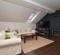 Living room in a family house with a fireplace, sofas, and a wooden decor floor.