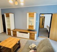 A living room in a three-room apartment with gray walls and wooden decor furniture.