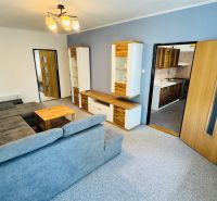 Living room with a gray sofa and furniture in a 3-room apartment, floor with wood decor.
