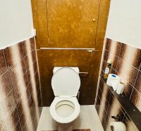 A toilet in a 3-room apartment with brown tiles and a mat.
