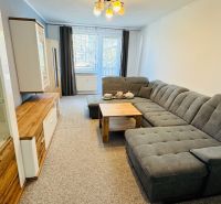 Living room in a 3-room apartment with a comfortable sofa and a wooden decor floor.