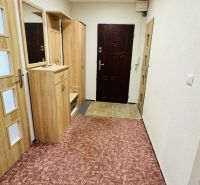A hallway with a carpet and a built-in wardrobe in a 3-room apartment.