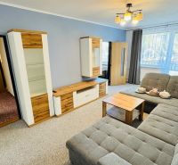 Living room with a sofa, wardrobe, and wooden decor flooring in a 3-room apartment.