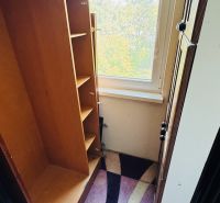 A wardrobe in a 3-room apartment with a view through a large window and a colorful carpet.