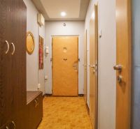 A narrow hallway in a 2-room apartment with a wooden decor floor and wooden furniture.