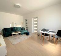 Living room in a three-room apartment with a sofa, table, and chairs.