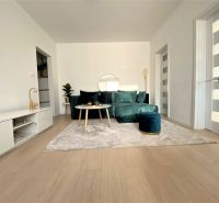 Living room in a 3-room apartment with a sofa, carpet, and wooden decor flooring.
