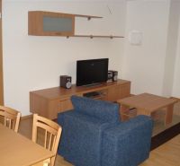 Living room with wood-patterned flooring, blue sofa, and television in a three-room apartment.
