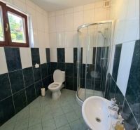 Bathroom with toilet, shower, and sink in office premises.