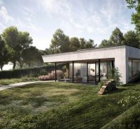 A family house in Častkovce surrounded by greenery, with a terrace and a glass facade.