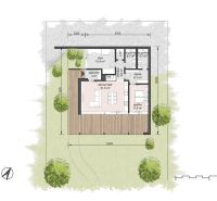 A one-story family house plan with a garden and terrace in Častkovce.