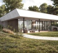 A family house in Častkovce with large glass walls and a green garden.
