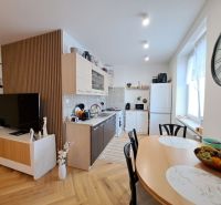 Kitchen and dining room in a 3-room apartment with a wooden decor floor.
