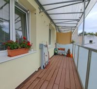 Balcony of a 3-room apartment with a wooden decor floor, a flower pot, and a clothes drying rack.