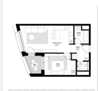 Floor plan of a 2-room apartment with a living room, kitchen, bathroom, bedroom, and loggia.