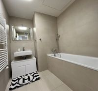 A bathroom in a 2-room apartment with a bathtub, a sink, and a wall mirror.